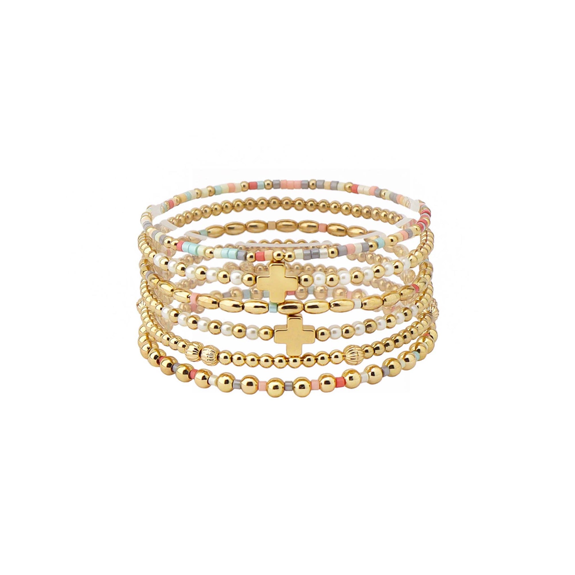 Stacked stretch bracelet set featuring multi-color beads, white faux pearls, and polished gold beads with gold cross charms across multiple strands.