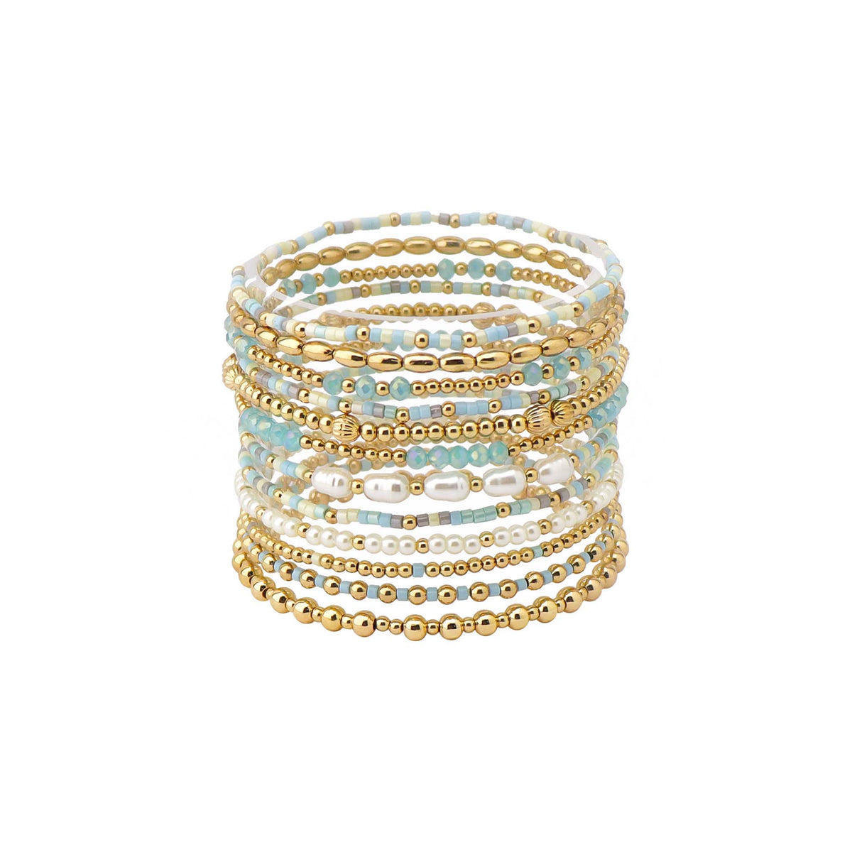 Set of gold and light blue beaded bracelets on a white background