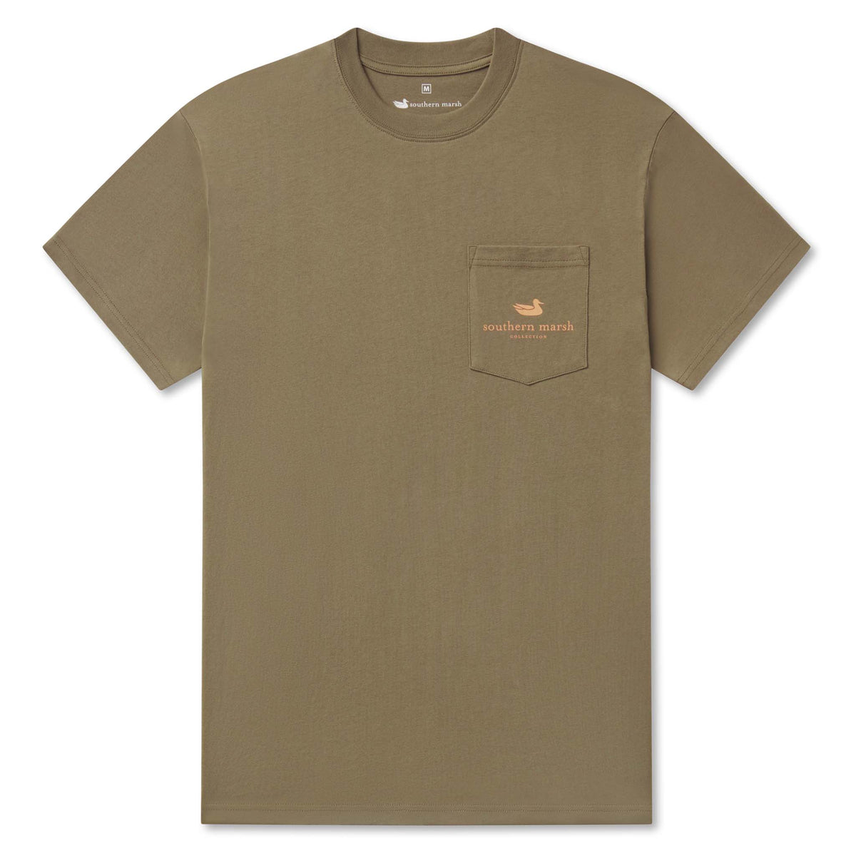 Southern Marsh men’s short sleeve pocket t-shirt in moss green with front chest pocket featuring orange duck logo and “Southern Marsh” text.