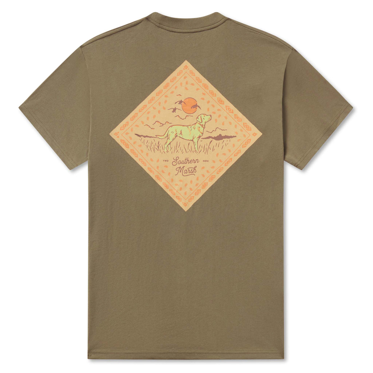 Southern Marsh men’s moss green pocket t-shirt with back graphic of a retriever dog in a field with sun and birds inside a diamond border design.