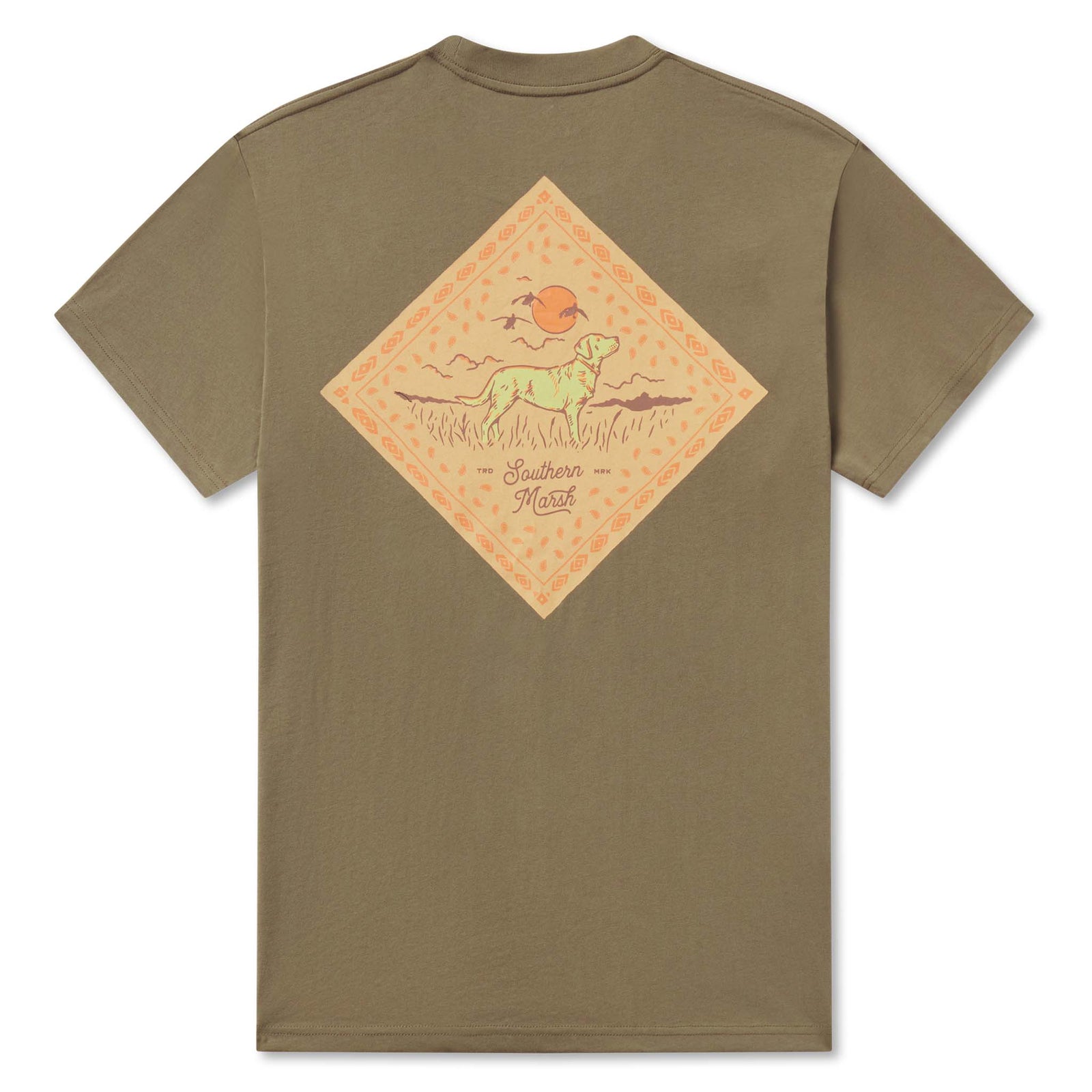 Southern Marsh men’s moss green pocket t-shirt with back graphic of a retriever dog in a field with sun and birds inside a diamond border design.