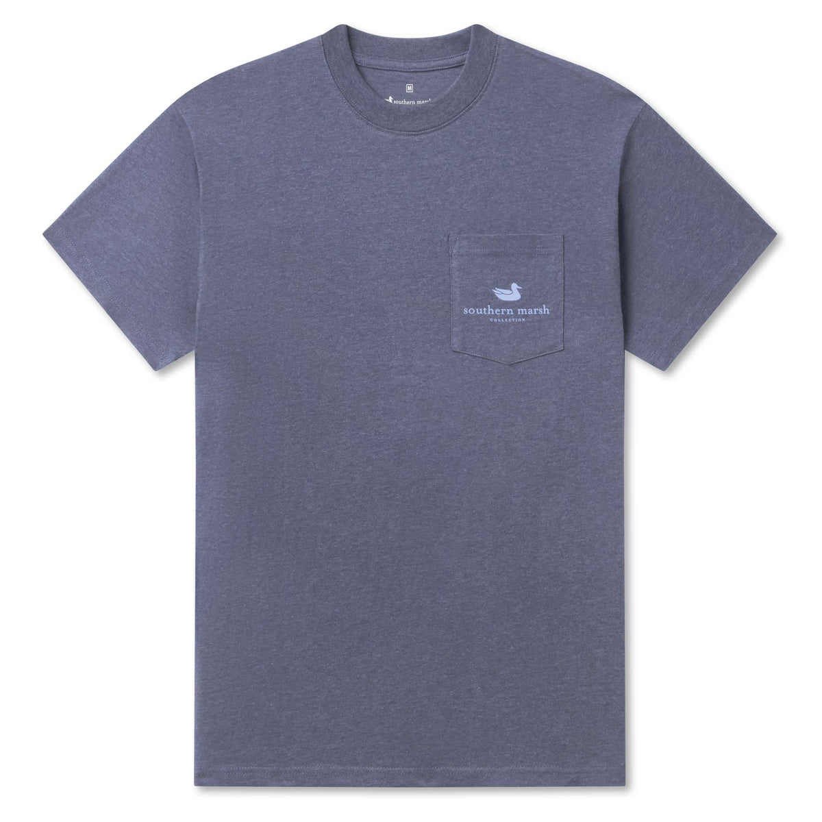 Blue t-shirt with a logo on the chest pocket against a white background