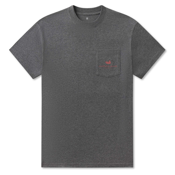 Gray t-shirt with a small red logo on a white background