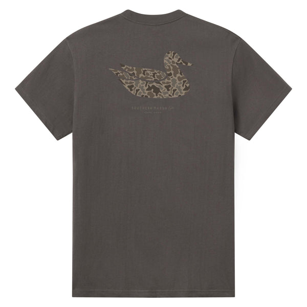 Southern Marsh Camo Duck T-Shirt in Iron Grey with camo duck logo on the back and Southern Marsh branding below the design.