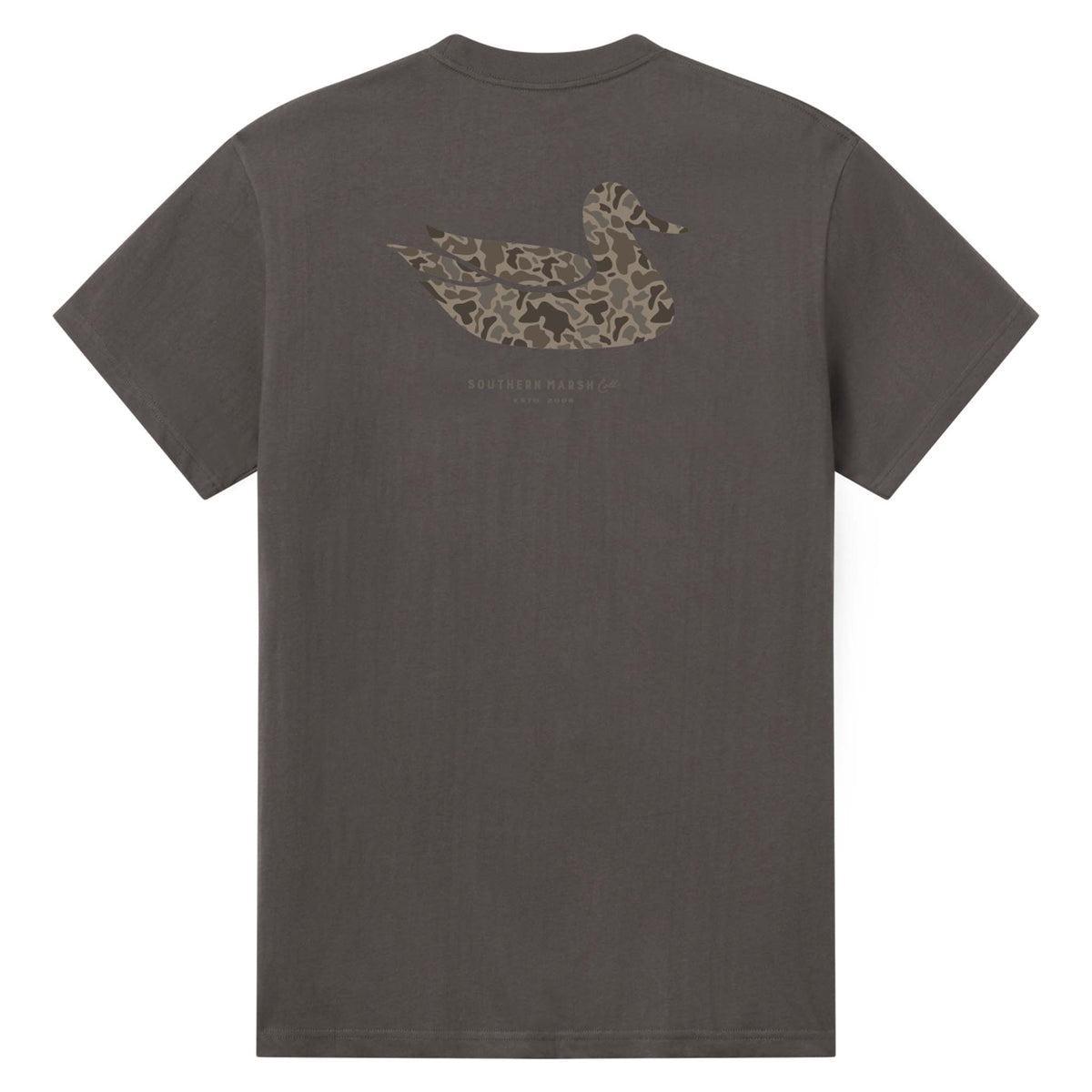 Southern Marsh Camo Duck T-Shirt in Iron Grey with camo duck logo on the back and Southern Marsh branding below the design.