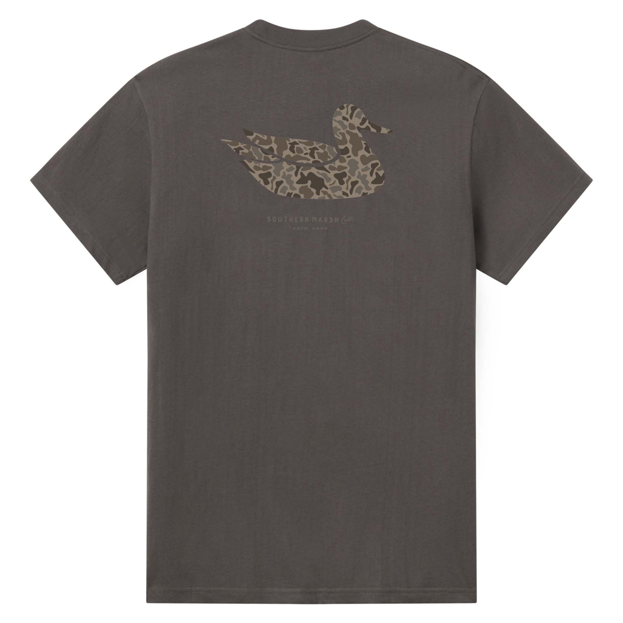 Southern Marsh Camo Duck T-Shirt in Iron Grey with camo duck logo on the back and Southern Marsh branding below the design.