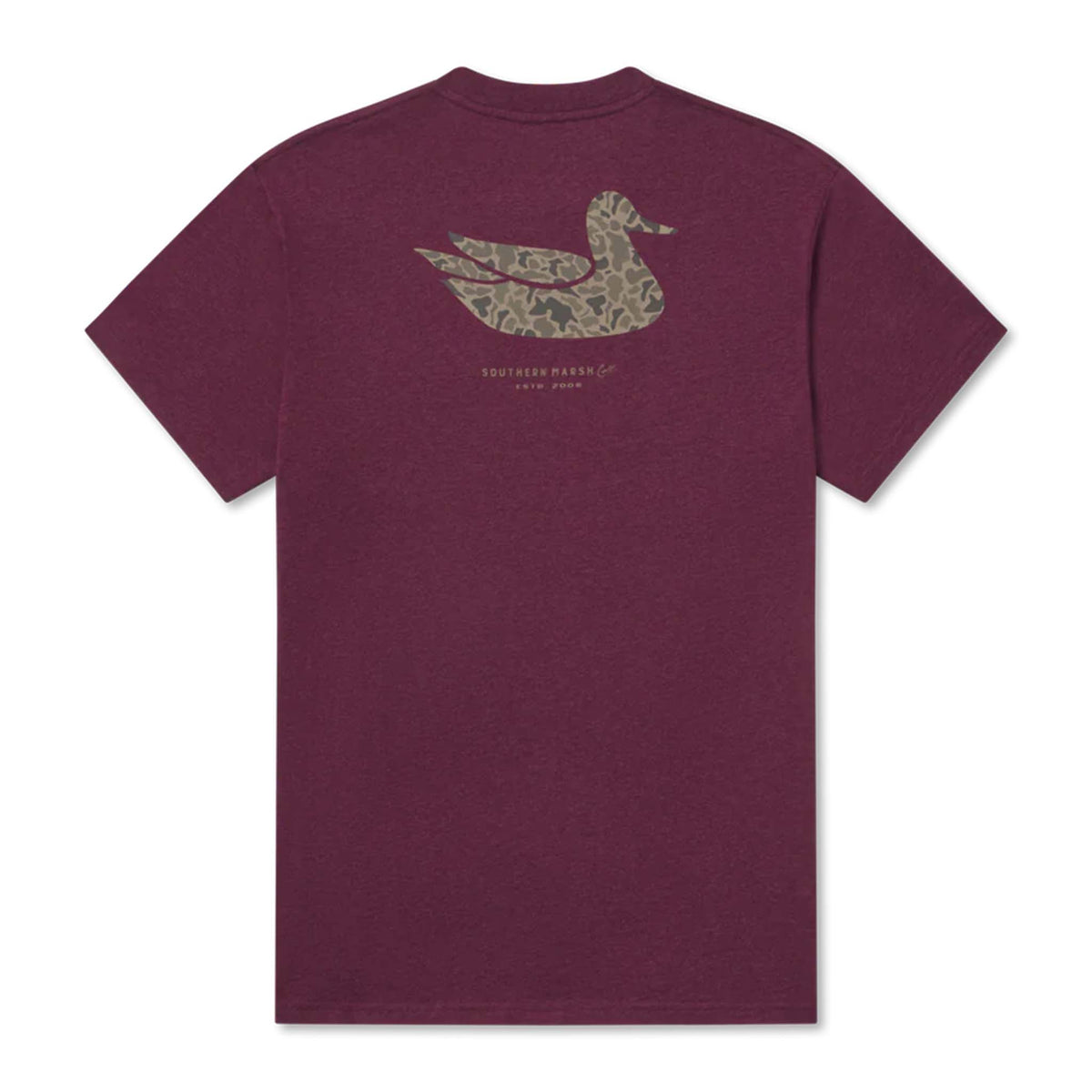 Back of Southern Marsh t-shirt in Pinot with large camo duck graphic and logo text below.