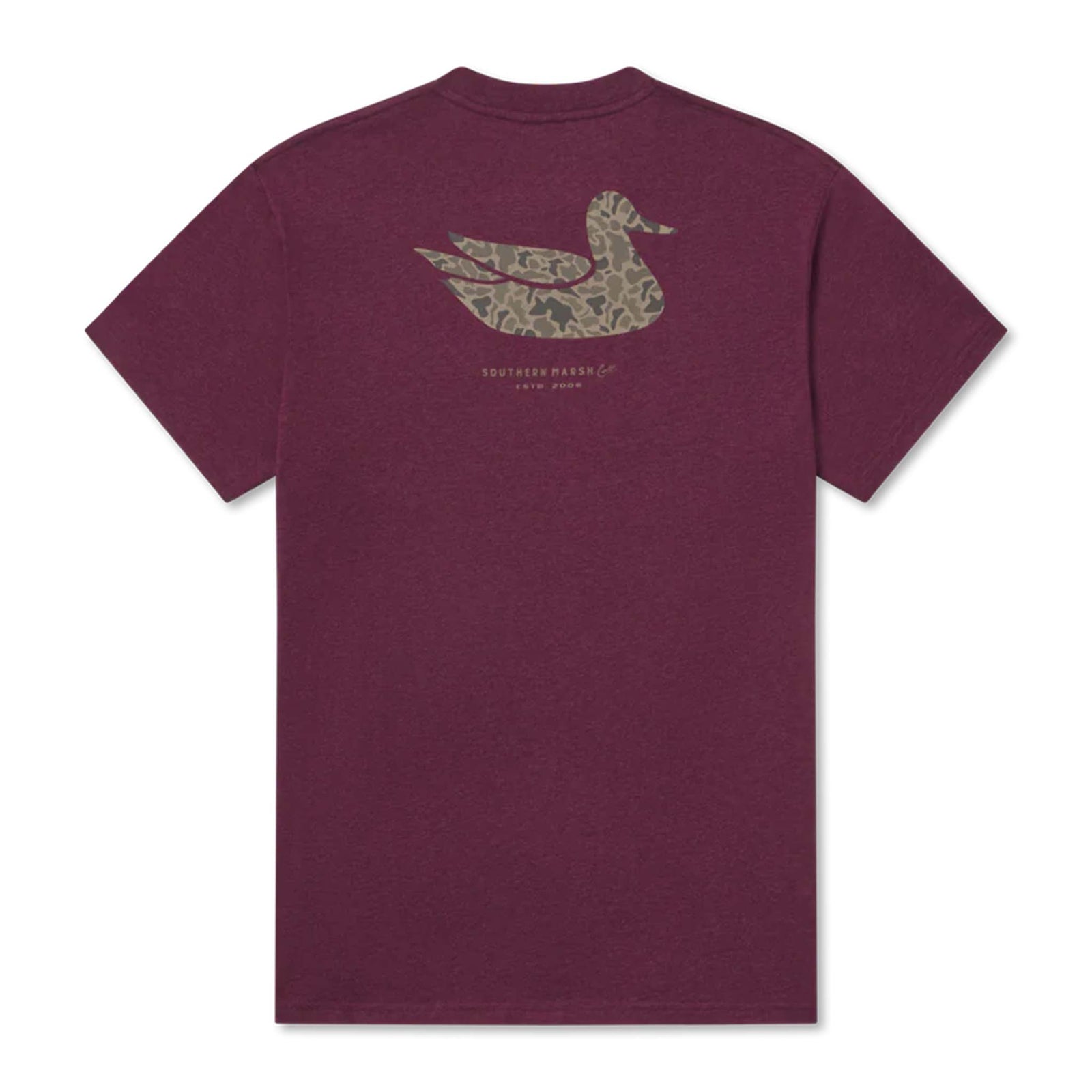 Back of Southern Marsh t-shirt in Pinot with large camo duck graphic and logo text below.