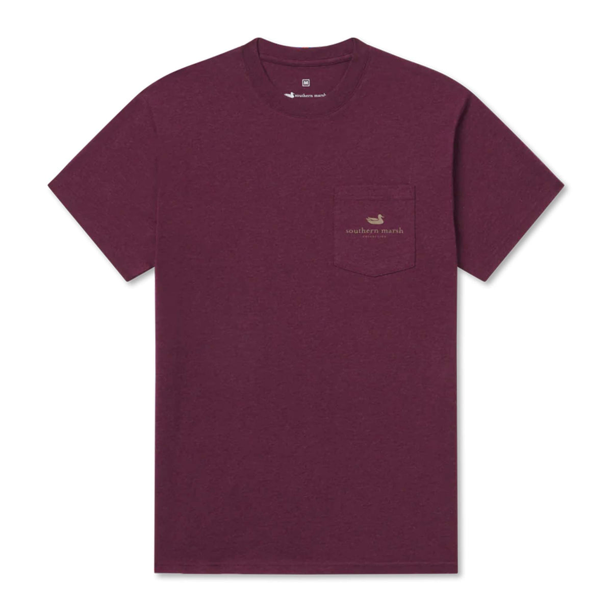 Front of Southern Marsh t-shirt in Pinot with chest pocket and small duck logo.