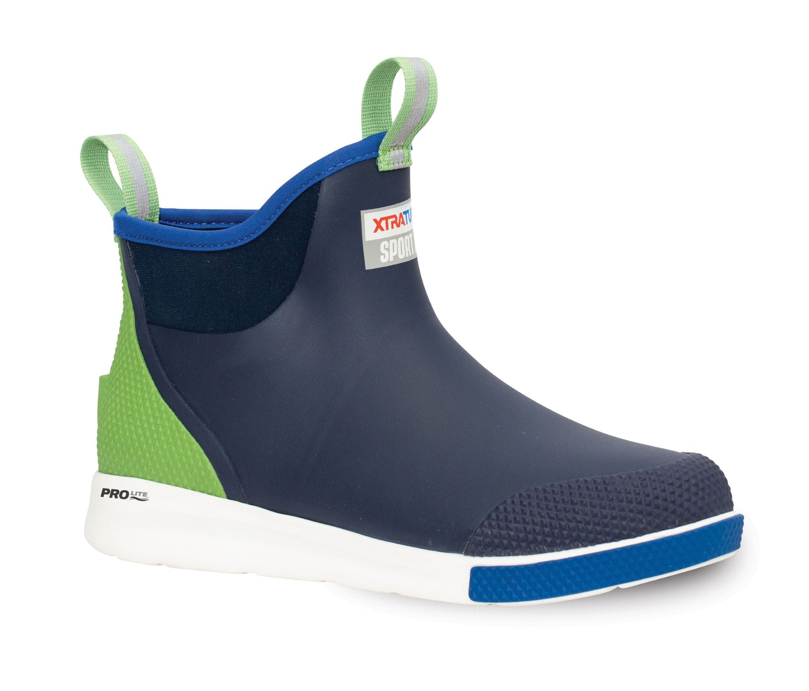 Men's Xtratuf ankle deck sport boot in blue angled front view.