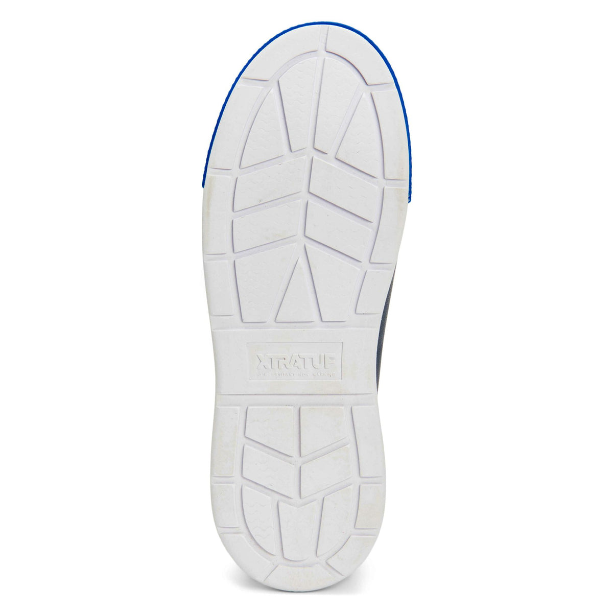 Men's Xtratuf ankle deck sport boot in blue bottom sole view.