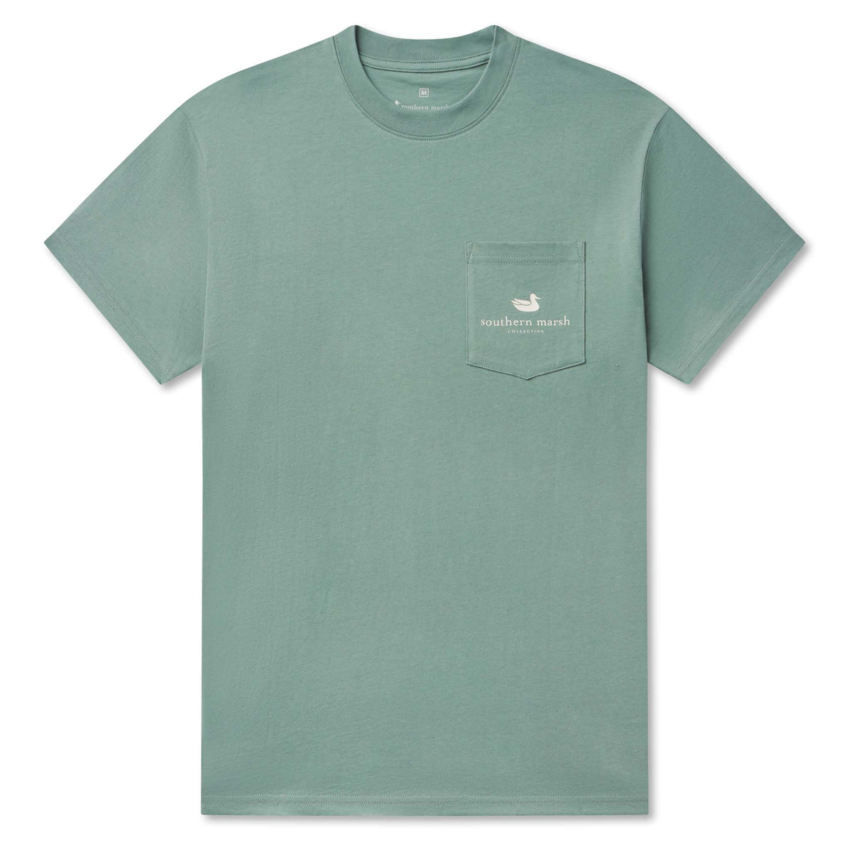 Green t-shirt with a pocket and logo on a white background