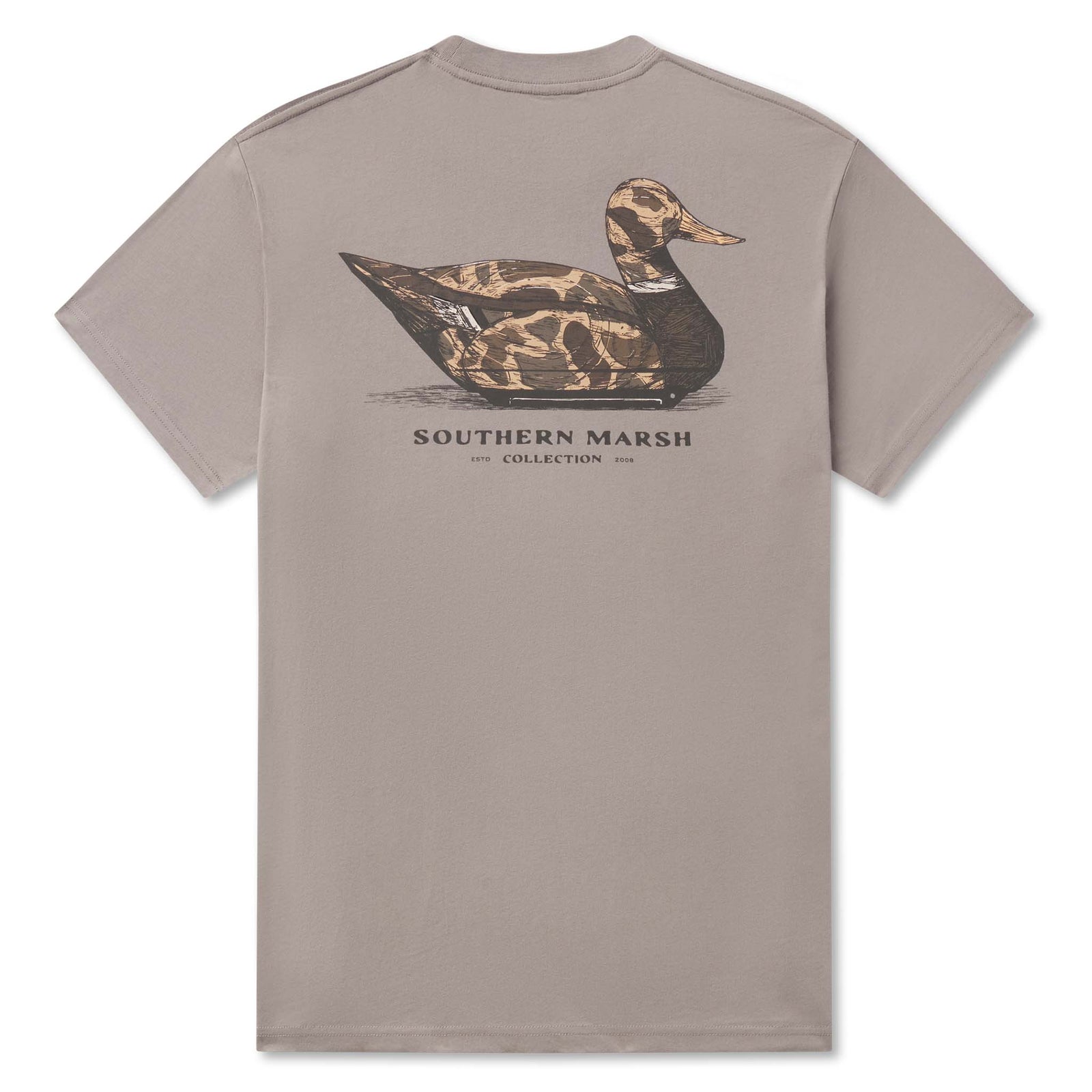 Southern Marsh men’s dark grey pocket t-shirt with back graphic of a camo duck design above “Southern Marsh Collection” text.