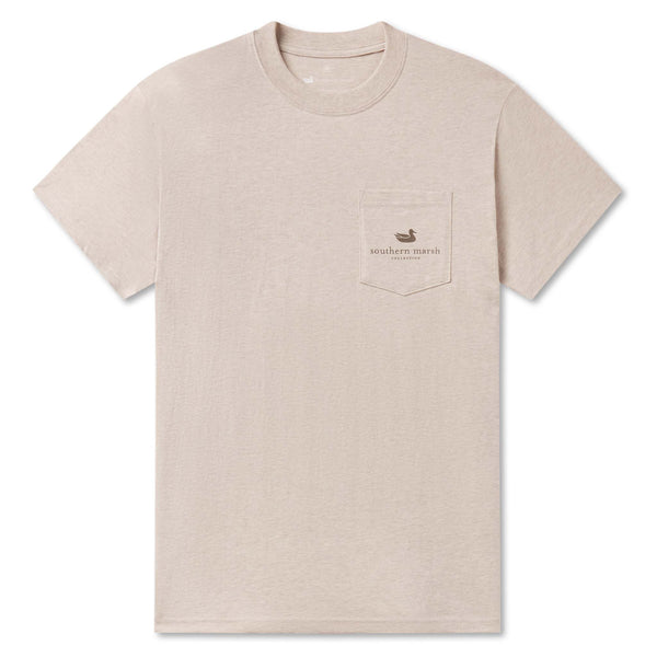 Southern Marsh men’s short sleeve pocket t-shirt in washed oatmeal with front chest pocket featuring duck logo and “Southern Marsh Collection” text.