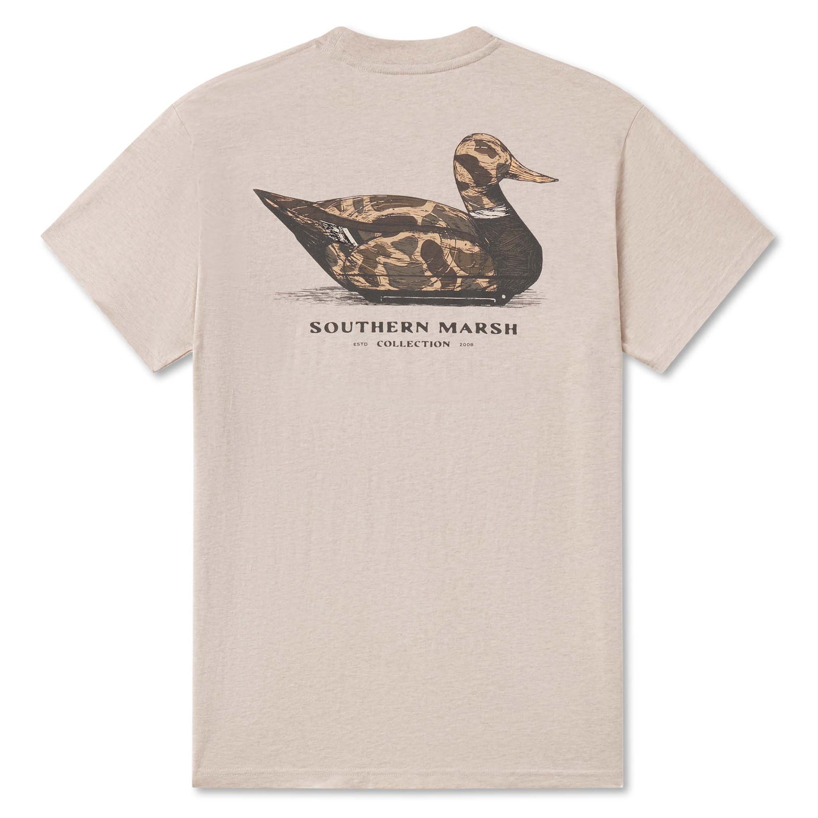 Southern Marsh men’s washed oatmeal pocket t-shirt with back graphic of a camo duck design above “Southern Marsh Collection” text.