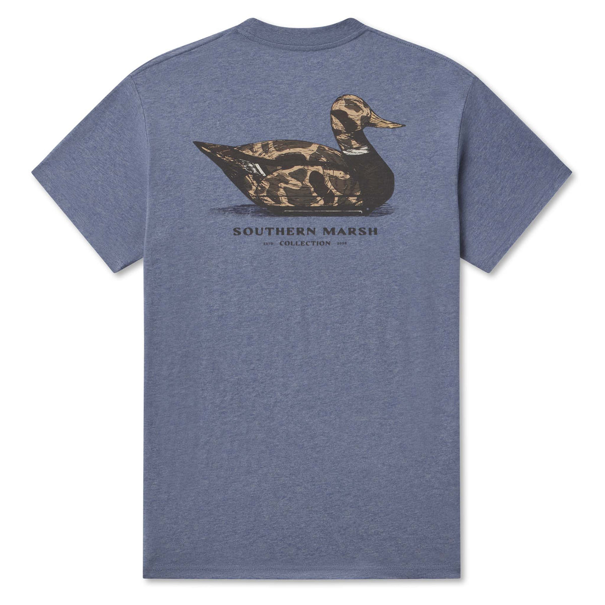 Blue t-shirt with a duck graphic and 'Southern Marsh' text on the back, displayed against a white background.