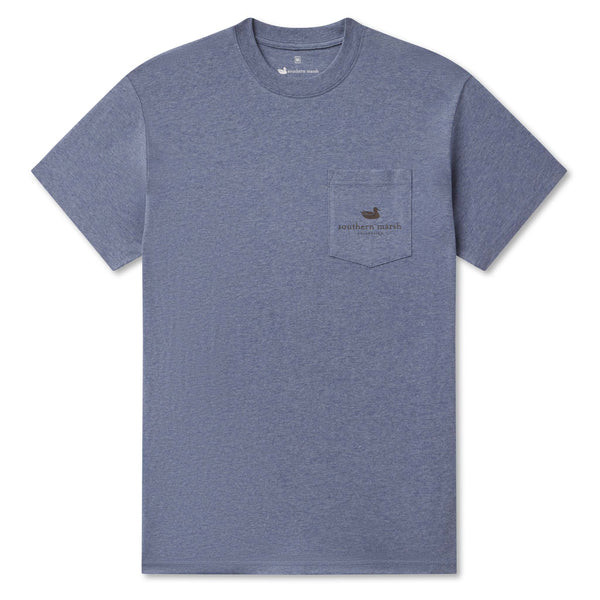 Blue t-shirt with a pocket and logo on a white background
