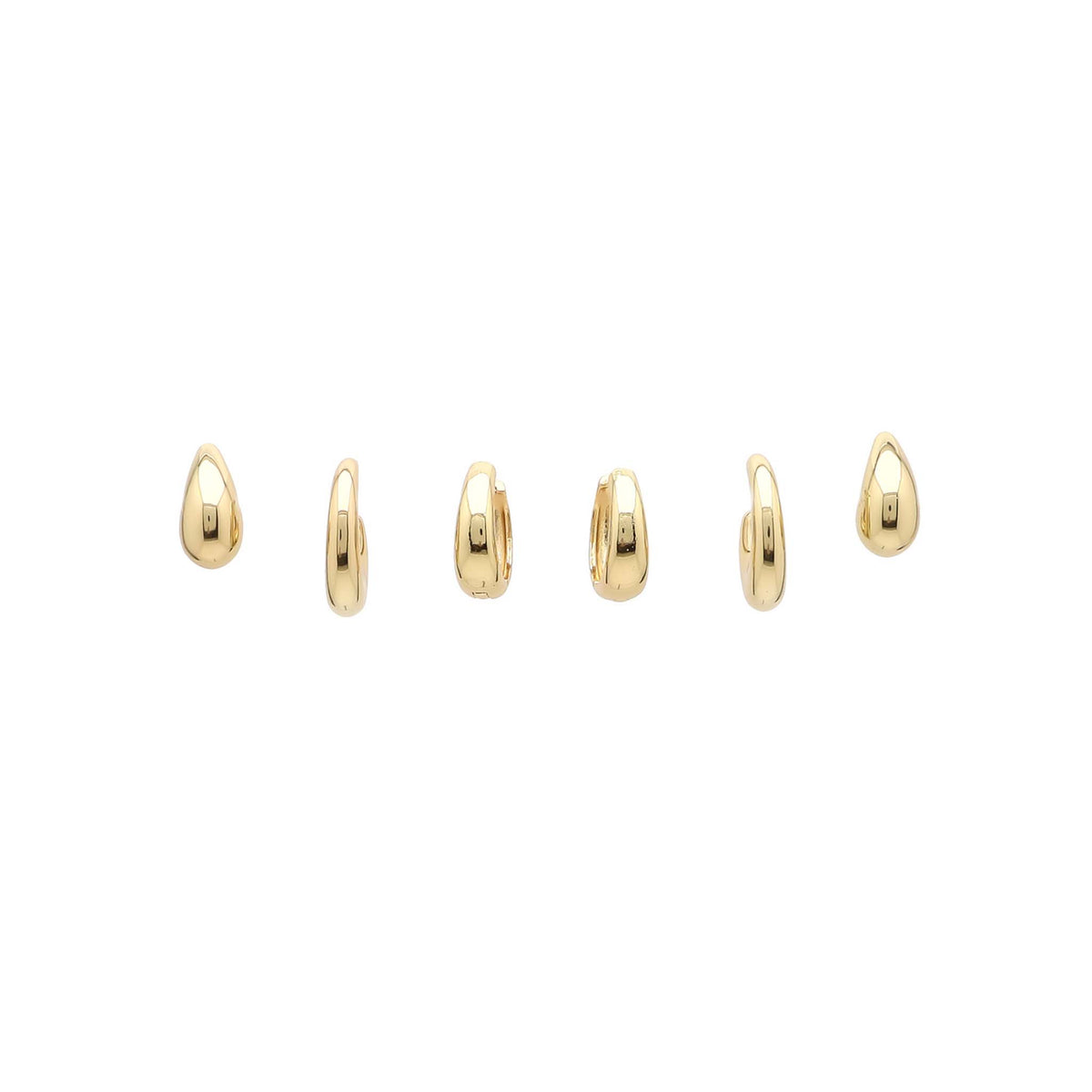 Three pairs of gold-tone huggie hoop earrings in assorted rounded shapes arranged in a horizontal row on a white background