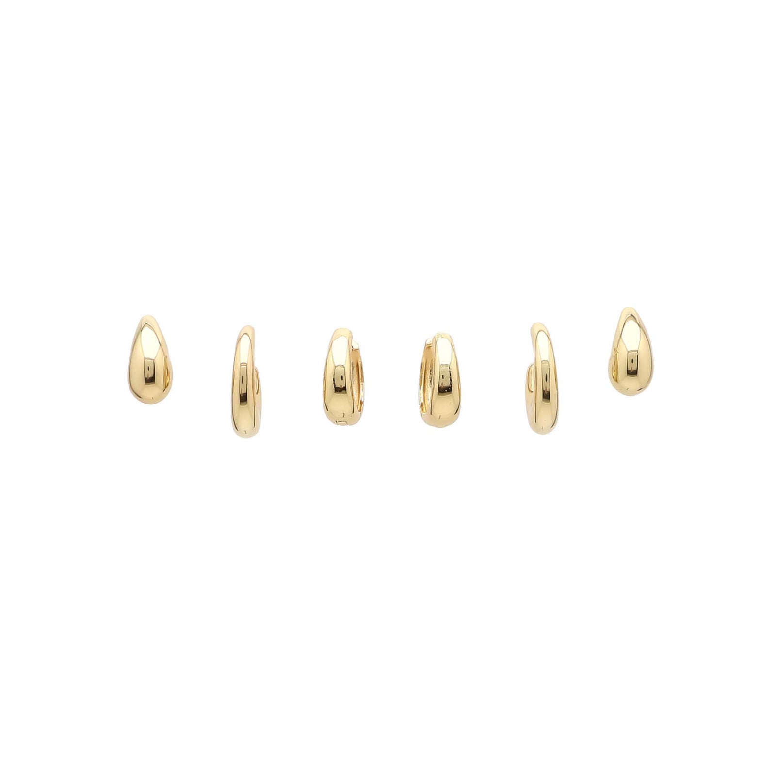 Three pairs of gold-tone huggie hoop earrings in assorted rounded shapes arranged in a horizontal row on a white background