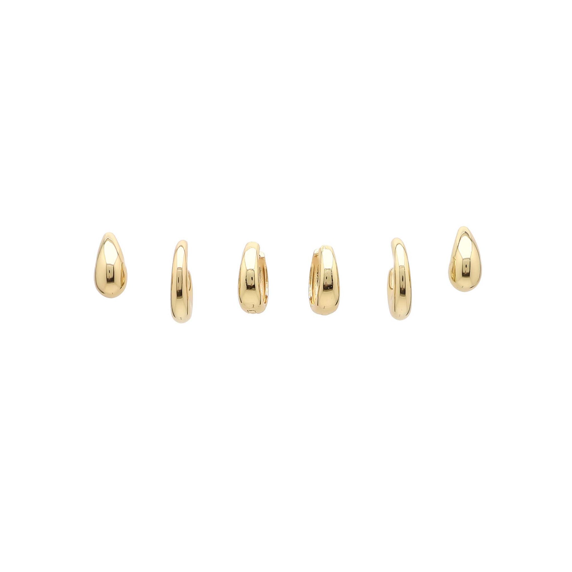 Three pairs of gold-tone huggie hoop earrings in assorted rounded shapes arranged in a horizontal row on a white background