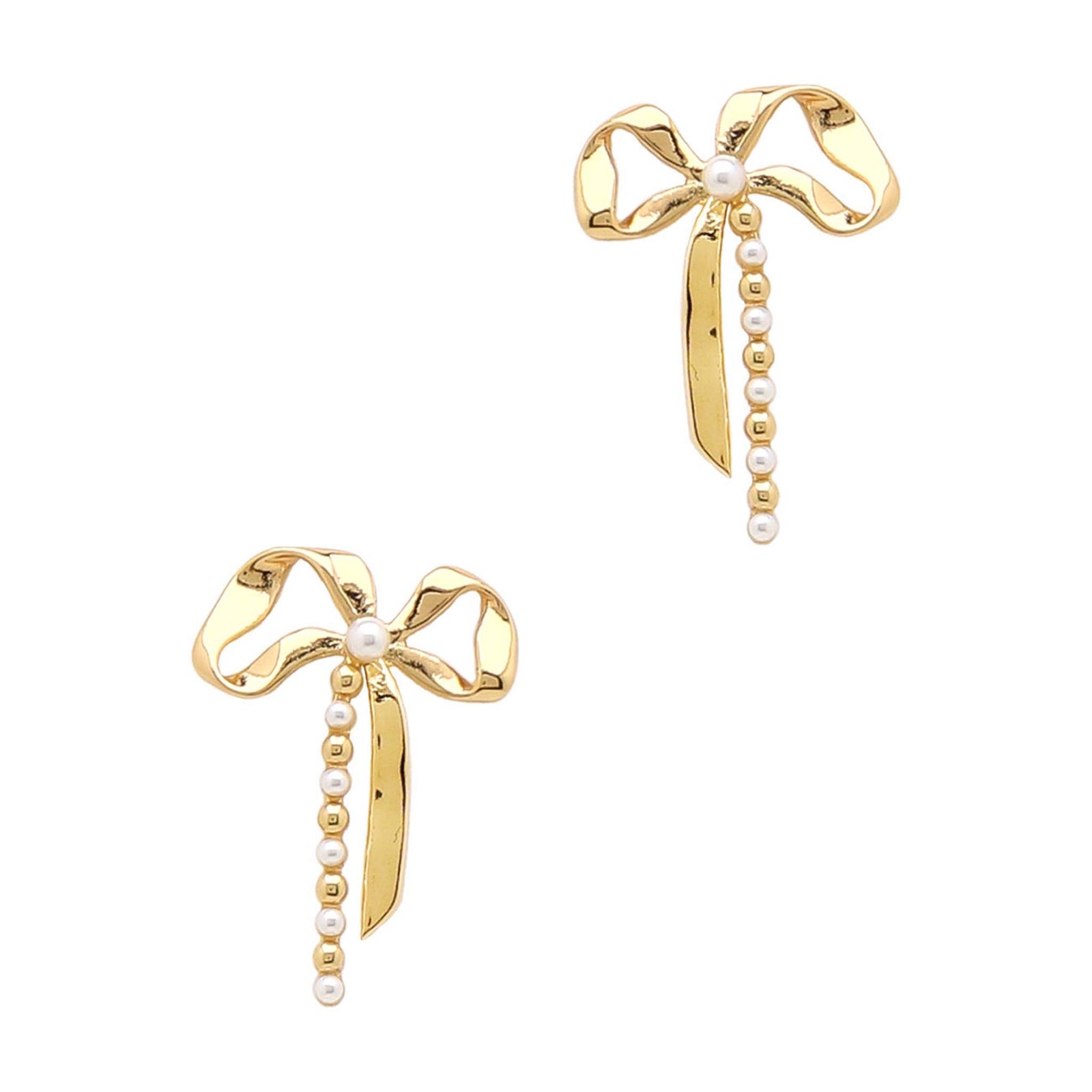 What's Hot Jewelry Pearl and Gold Bow Earrings. Gold-tone bow earrings with a central pearl and a dangling string of alternating gold and pearl beads, displayed on a white background.