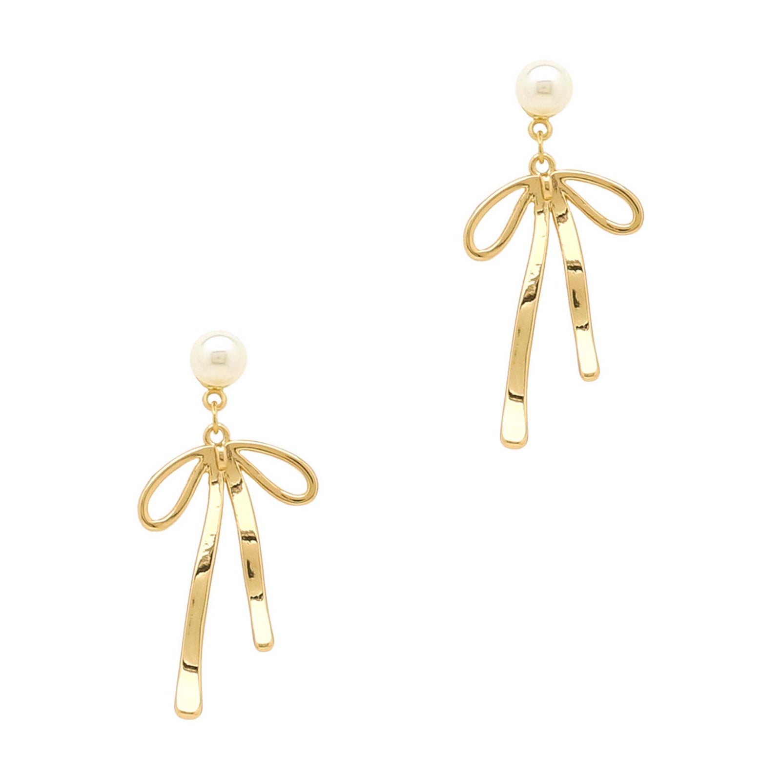 Pearl stud earrings with a thin gold bow drop feature. Delicate and feminine.