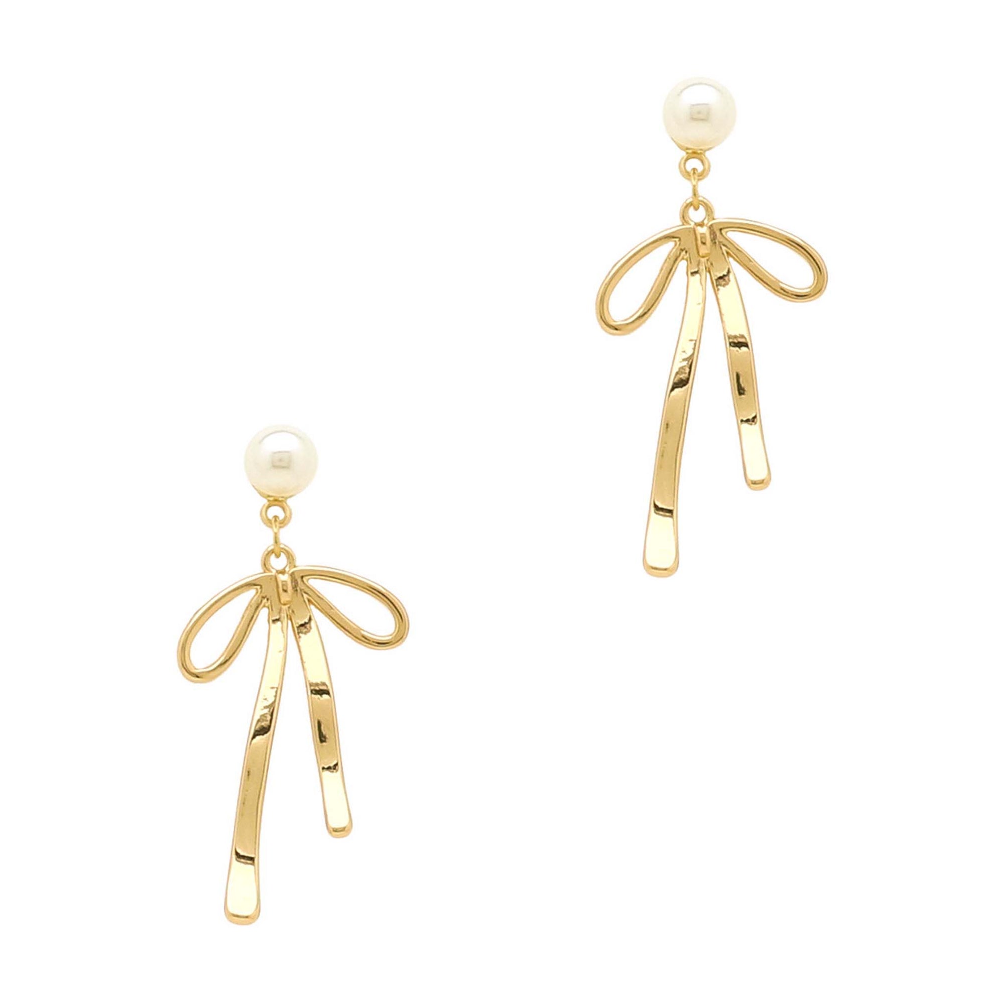 Pearl stud earrings with a thin gold bow drop feature. Delicate and feminine.