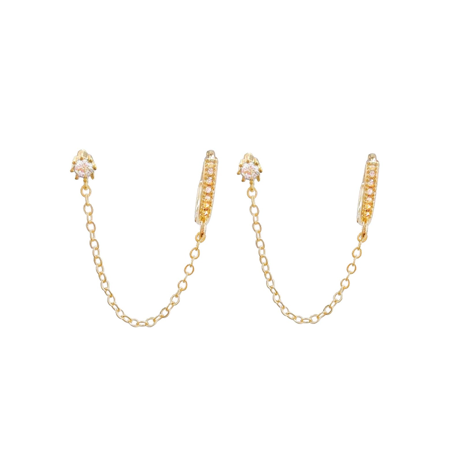 Gold chain earrings with crystal studs and double hoop design on white background.