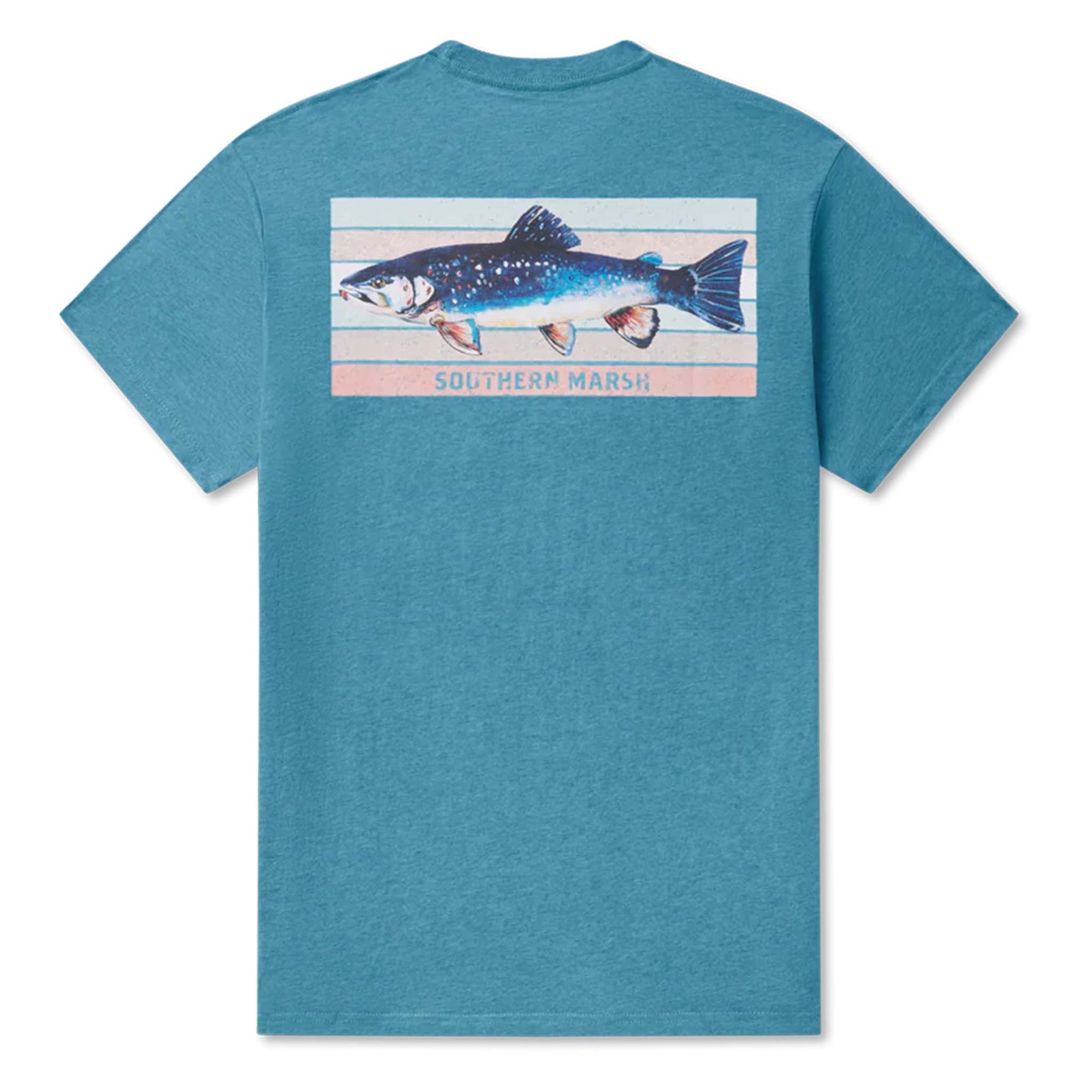 Blue t-shirt with a fish graphic and 'Southern Marsh' text on a white background
