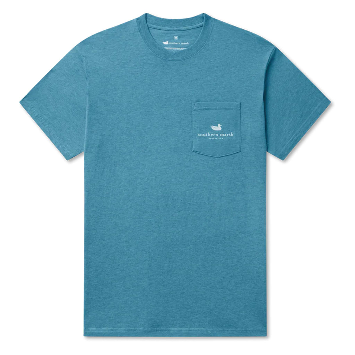 Blue t-shirt with a pocket and logo on a white background