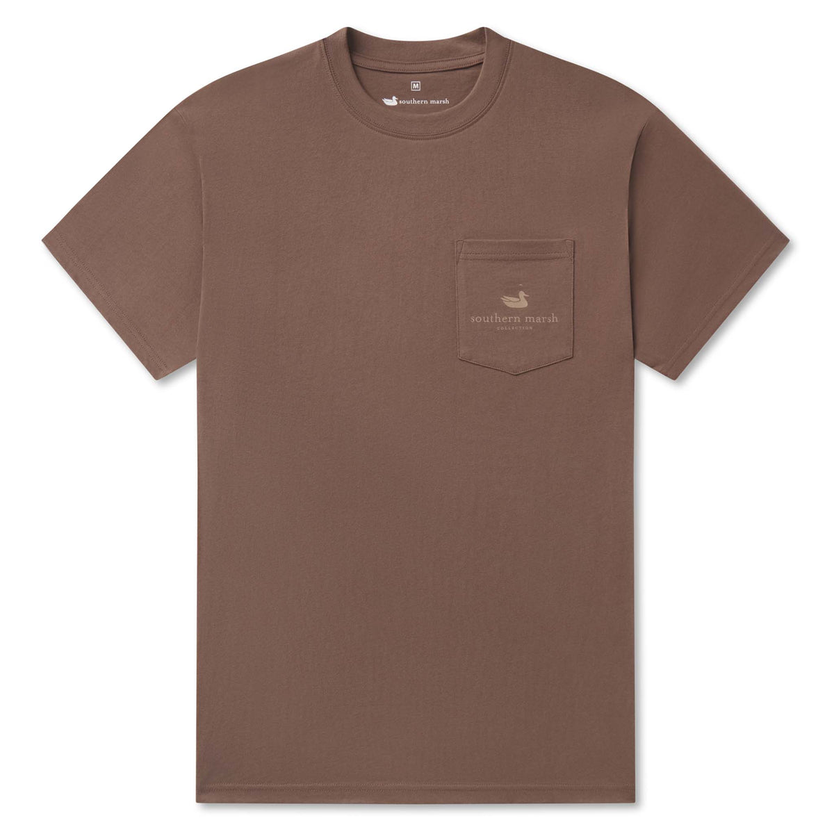 Southern Marsh men’s short sleeve pocket t-shirt in carajillo brown with front chest pocket featuring duck logo and “Southern Marsh Collection” text.