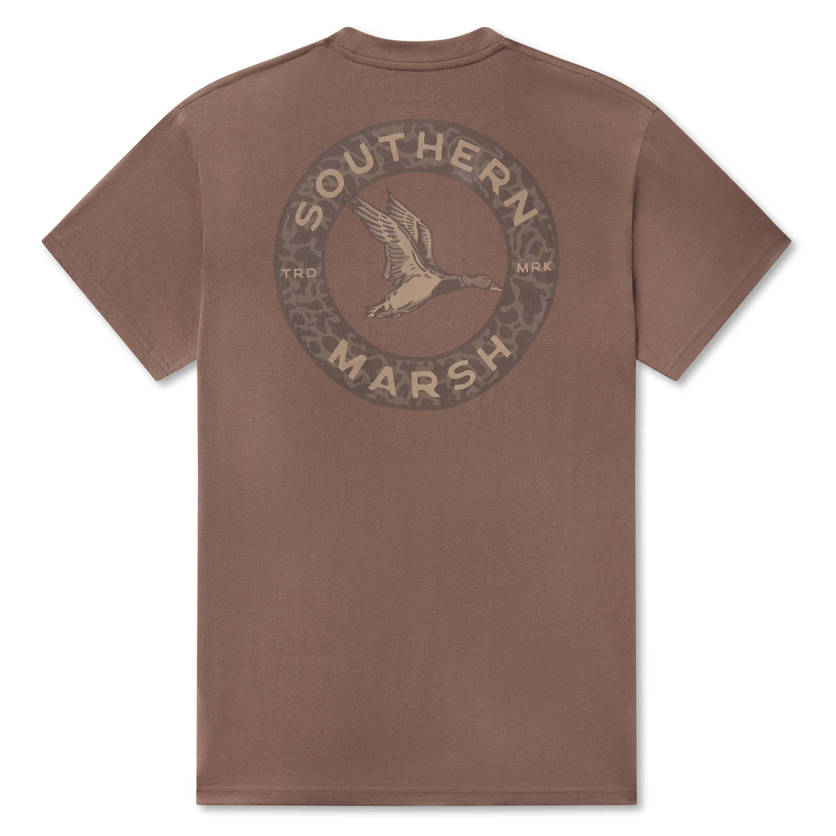 Southern Marsh men’s carajillo brown pocket t-shirt with back graphic of flying duck inside circular camo border with “Southern Marsh” text.