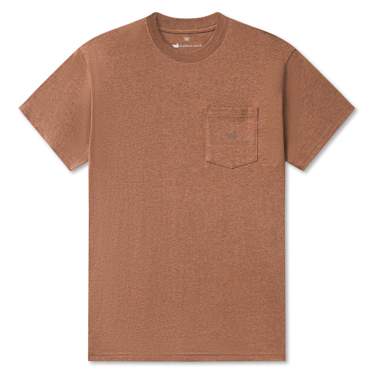 Southern Marsh men’s short sleeve pocket t-shirt in washed walnut with front chest pocket featuring duck logo and “Southern Marsh Collection” text.