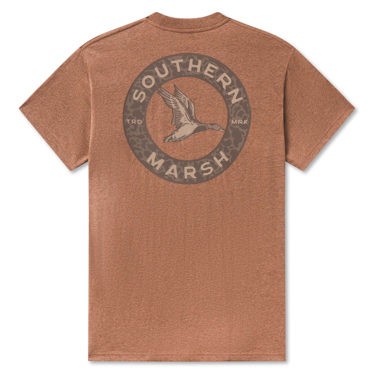 Southern Marsh men’s washed walnut pocket t-shirt with back graphic of flying duck inside circular camo border with “Southern Marsh” text.