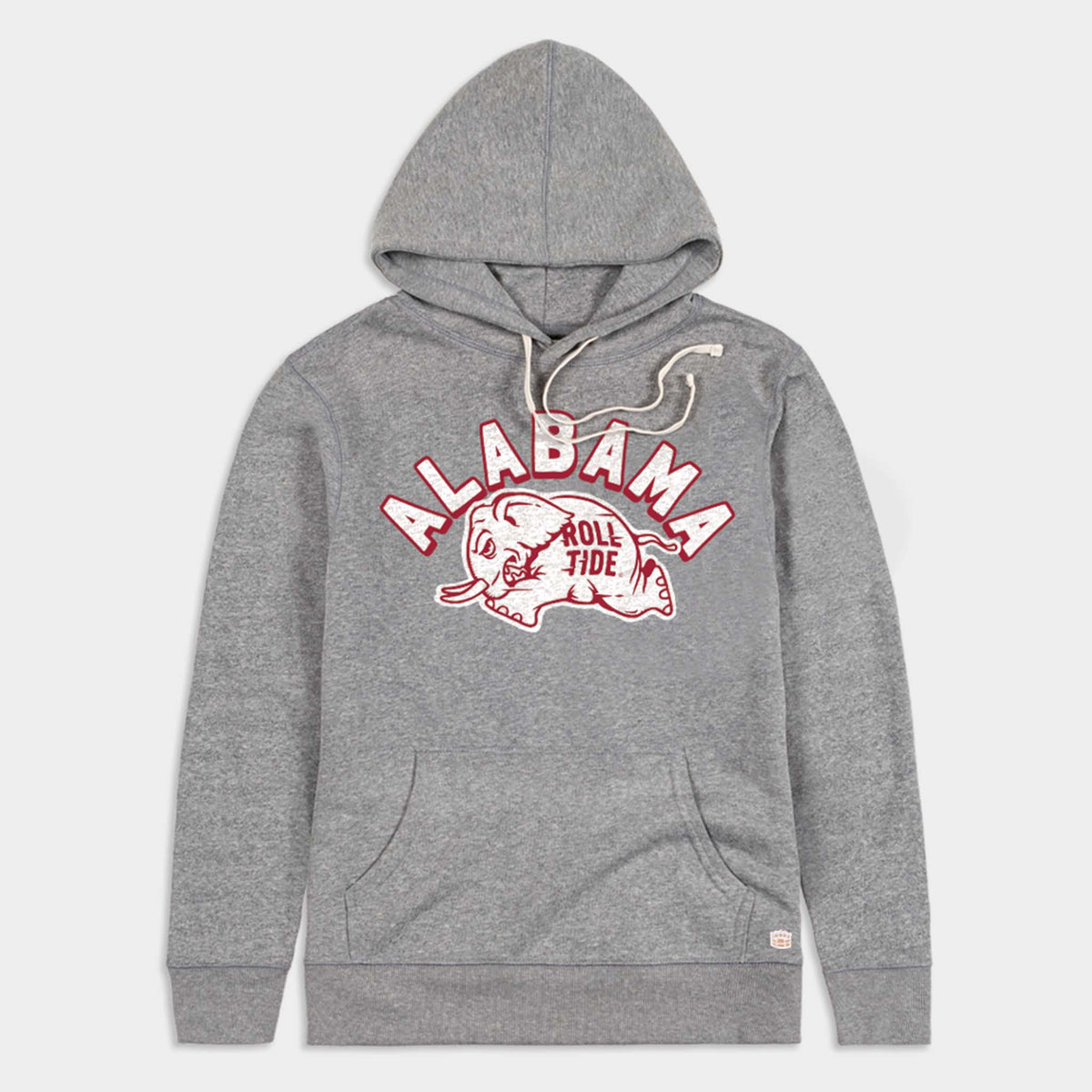 Front view of heather grey hooded sweatshirt with crimson text reading “Alabama” above a crimson and white elephant mascot graphic with “Roll Tide” text, featuring a front kangaroo pocket and drawstring hood.