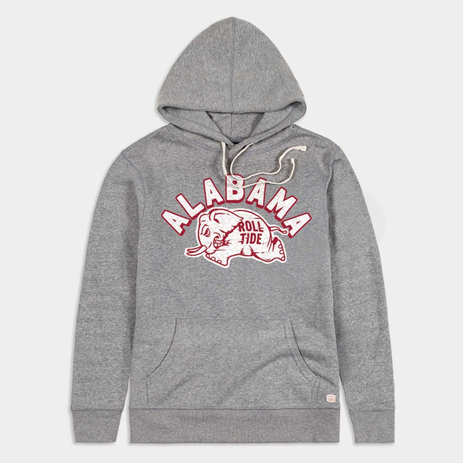 Front view of heather grey hooded sweatshirt with crimson text reading “Alabama” above a crimson and white elephant mascot graphic with “Roll Tide” text, featuring a front kangaroo pocket and drawstring hood.
