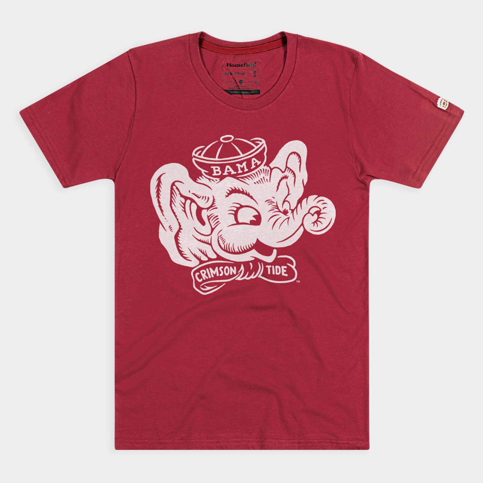 Front view of crimson short sleeve t-shirt with large vintage-style white graphic of an elephant mascot wearing a “Bama” hat and banner reading “Crimson Tide.”