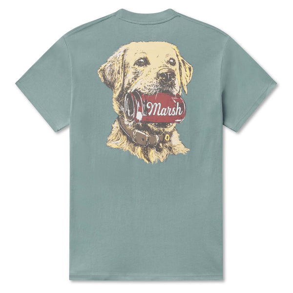 Green t-shirt with a dog graphic and 'Marsh' text on the back