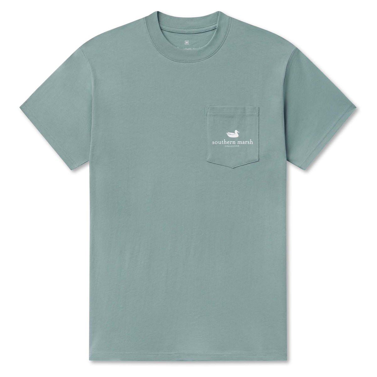 Sage green t-shirt with a small logo on the chest pocket against a white background