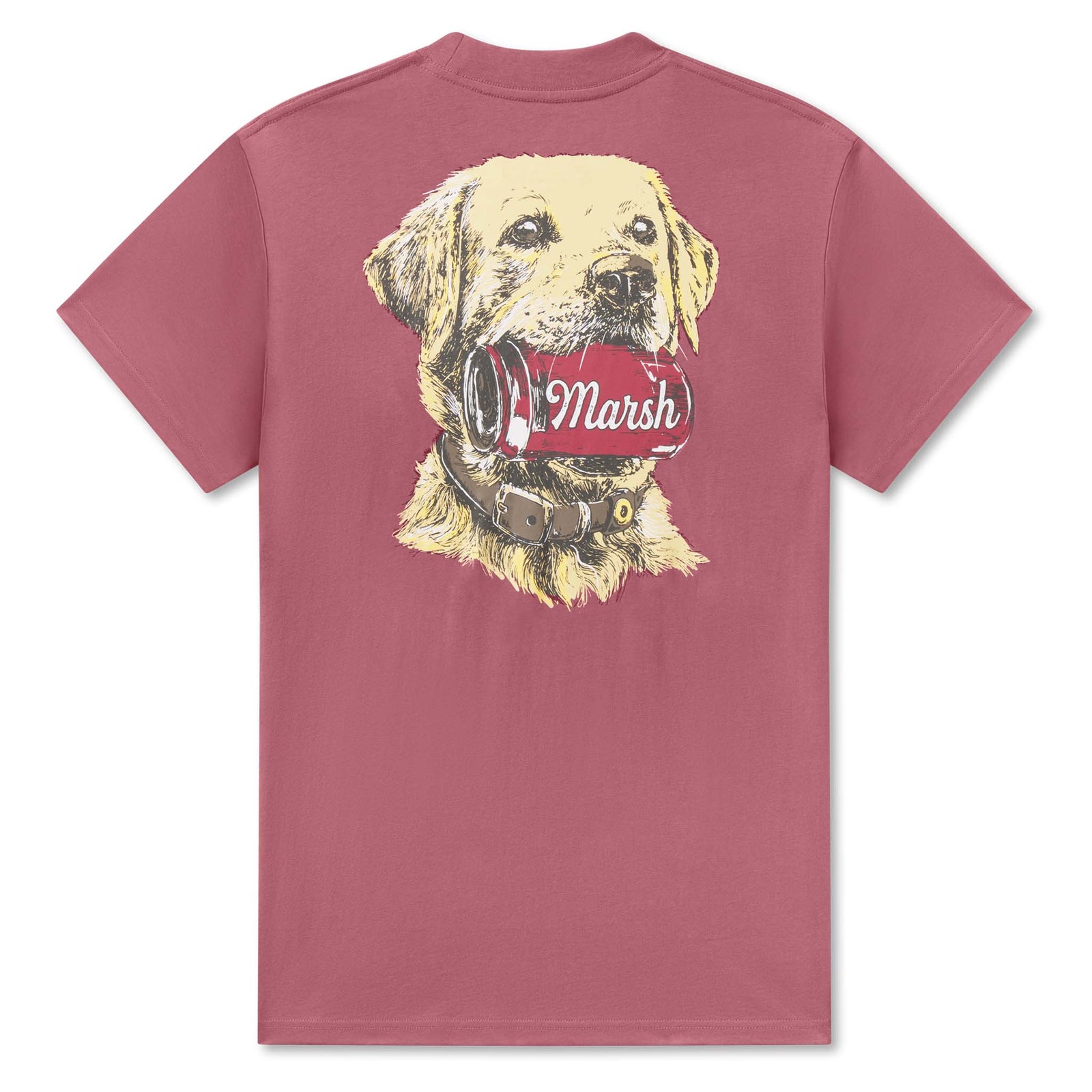 Maroon t-shirt with a dog graphic and 'Marsh' logo on the back