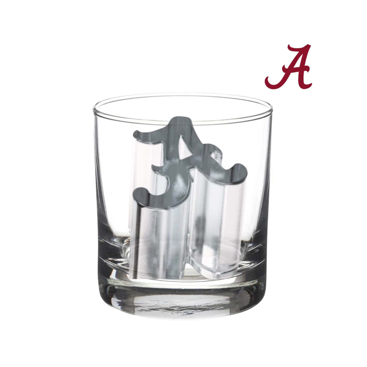 Transparent scripted "A" ice cube in a clear tumbler, representing University of Alabama.