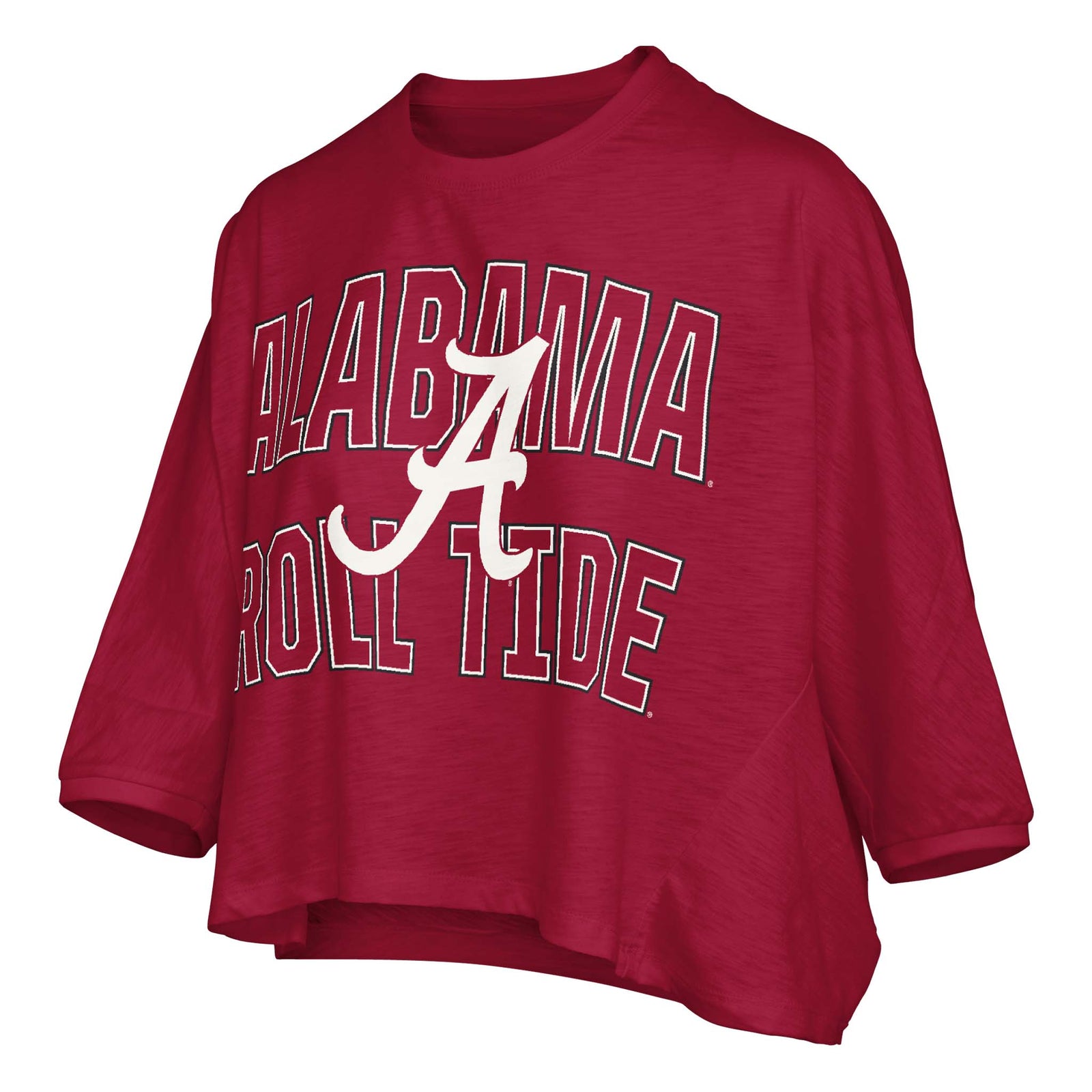 Crimson cropped top with bold white and black outlined text reading “Alabama Roll Tide” and a large white Alabama script “A” across the chest.