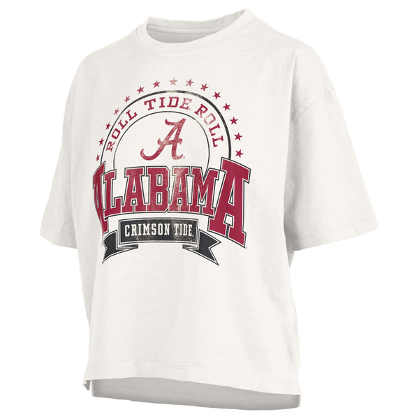 Alabama Crimson Tide women’s cropped white t-shirt with bold crimson “Roll Tide Roll Alabama Crimson Tide” graphic on the front.