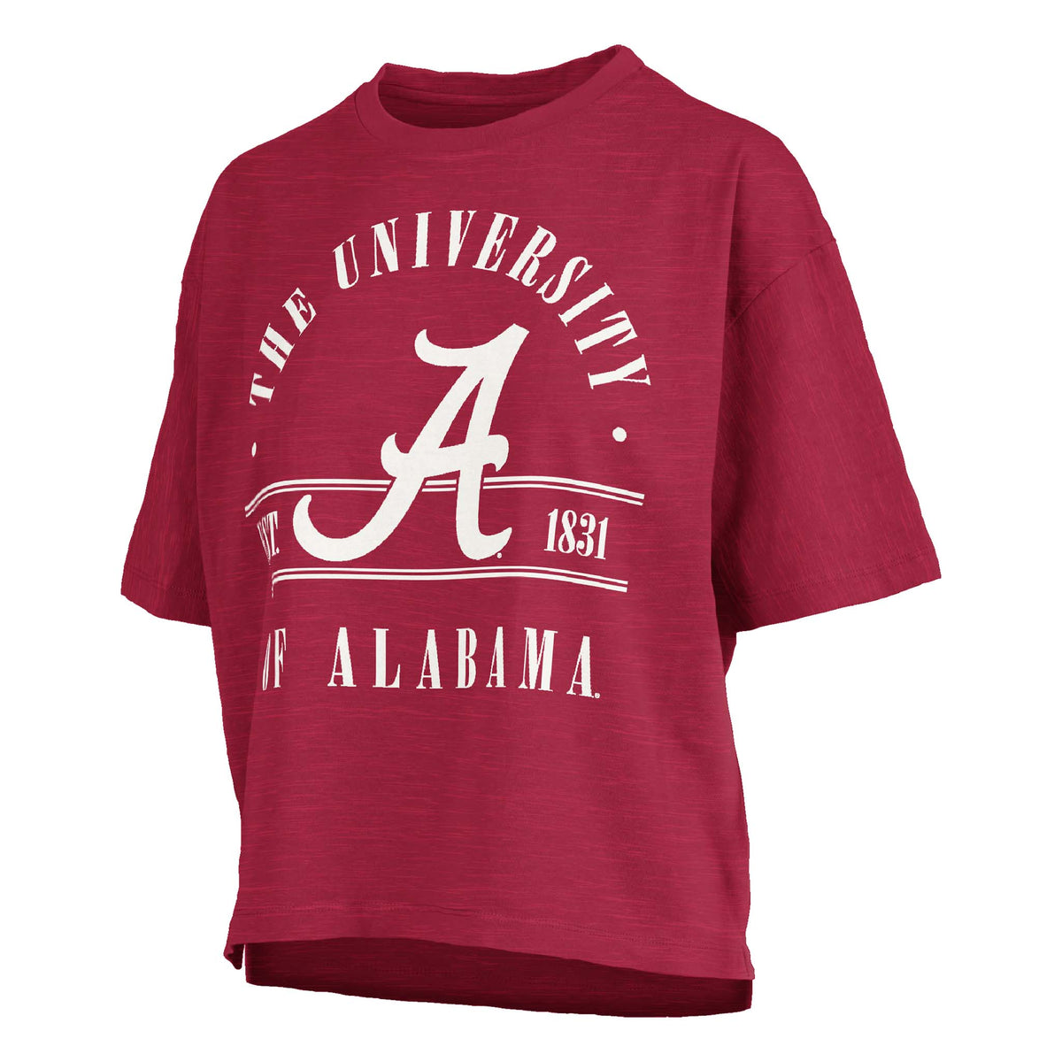 Crimson oversized t-shirt with white graphic that reads “The University of Alabama” with a large script “A” and “Est. 1831” on the front.