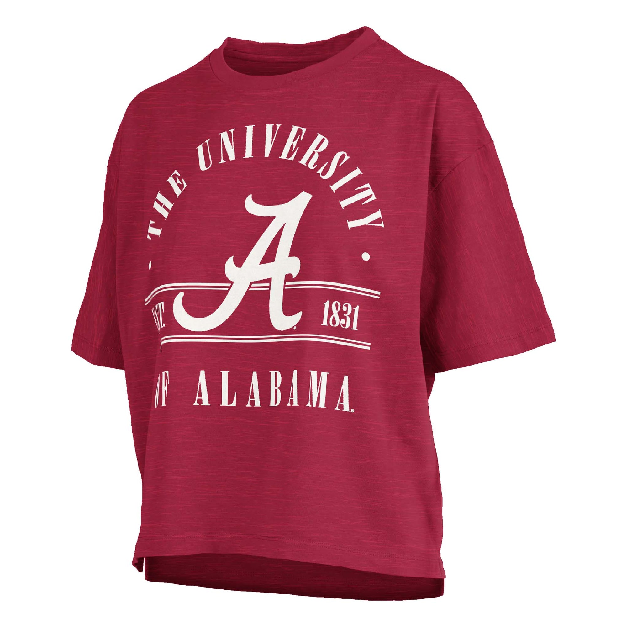 Crimson oversized t-shirt with white graphic that reads “The University of Alabama” with a large script “A” and “Est. 1831” on the front.