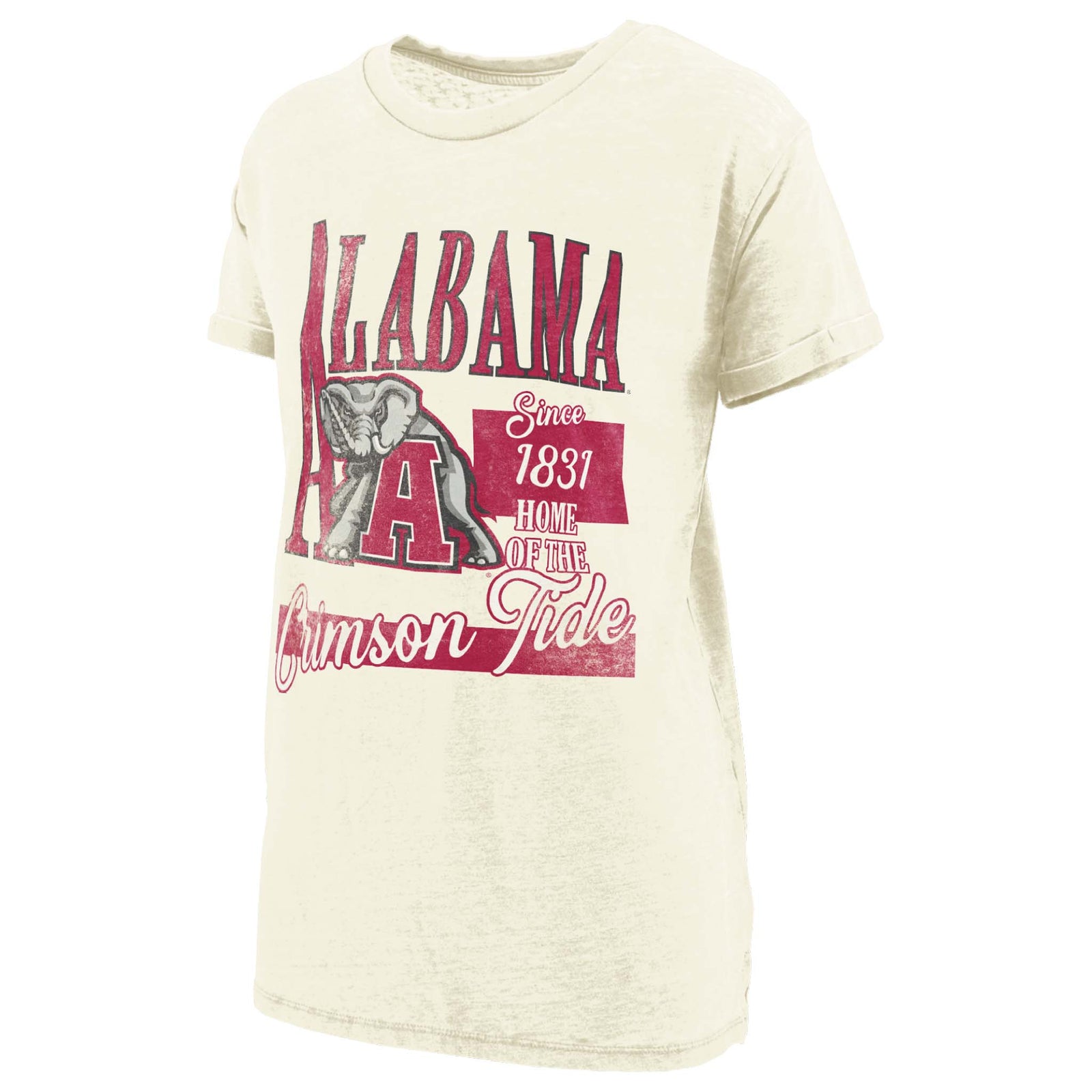 Ivory short sleeve t-shirt with distressed crimson and grey Alabama graphic featuring an elephant mascot, "Since 1831," and "Home of the Crimson Tide" text.