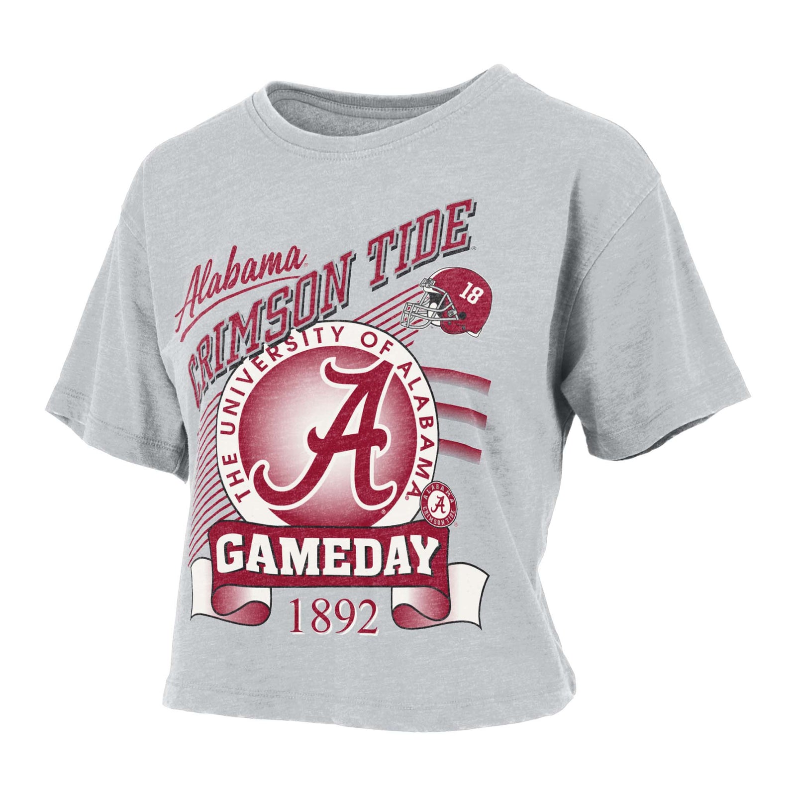 Light grey cropped t-shirt with red Alabama Crimson Tide graphics, football helmet, large “A” logo, “Gameday 1892” banner, and University of Alabama text.