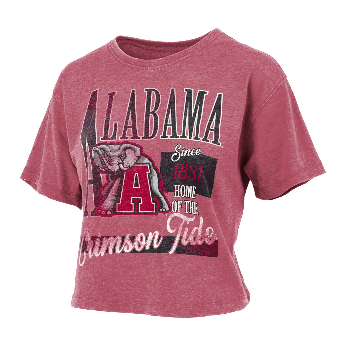 Alabama Crimson Tide women’s cropped crimson t-shirt with elephant mascot graphic, Alabama lettering, and “Since 1831 Home of the Crimson Tide” text.