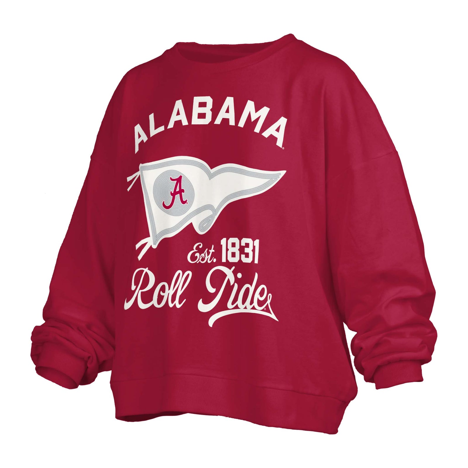 Crimson Alabama sweatshirt with white pennant graphic, “Roll Tide” script, and “Est. 1831” design on front.
