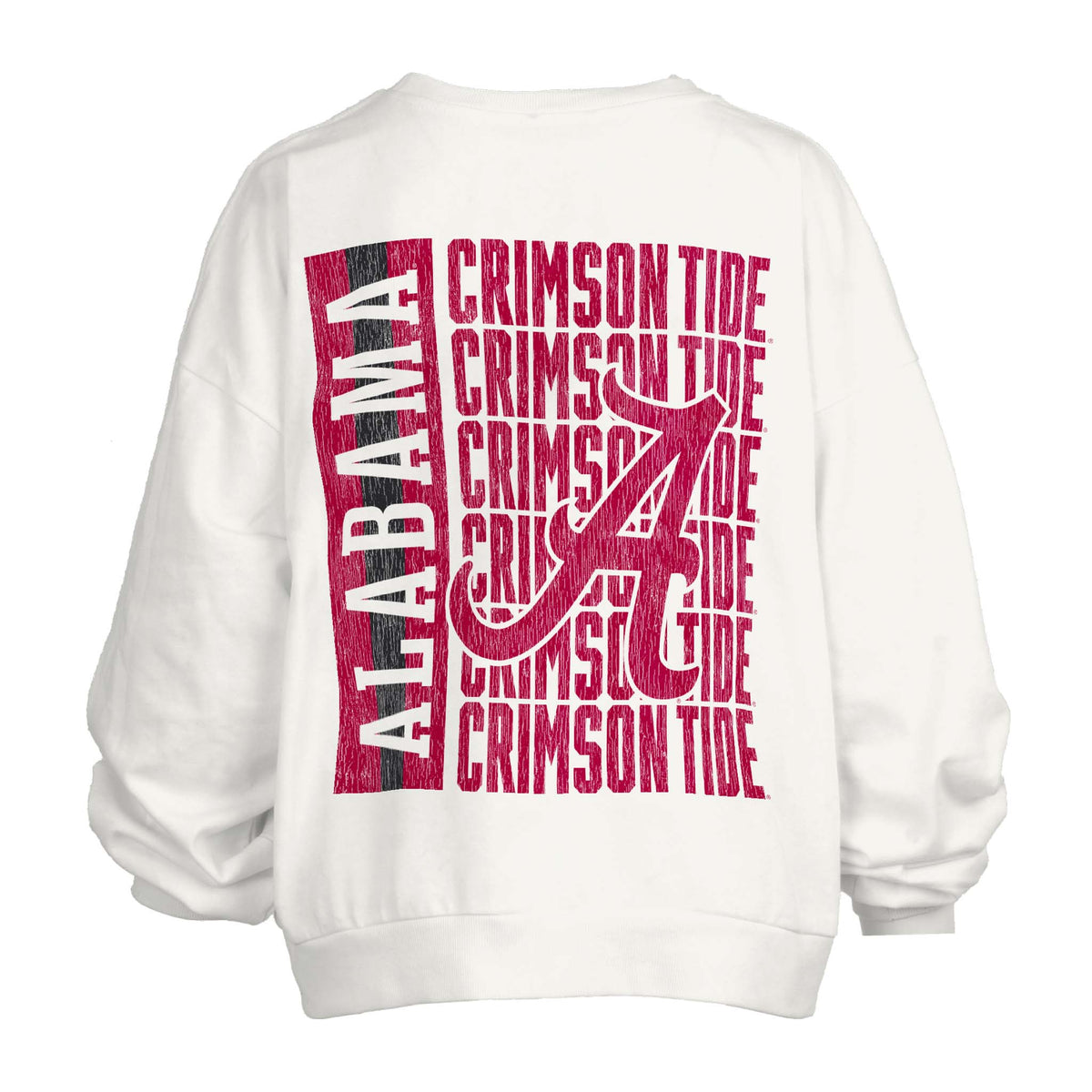 White crewneck sweatshirt with crimson script A and repeated "Crimson Tide" text pattern.